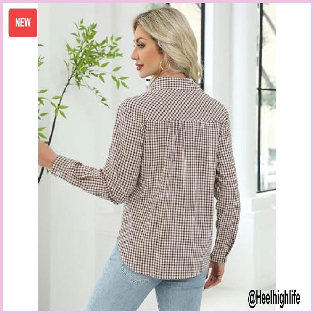 Women's Long Sleeve Button Down Shirt Cotton Loose Fit Blouse - Picture 6 of 8